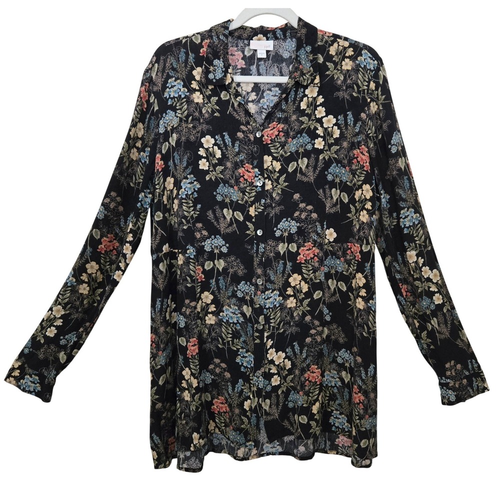 J. Jill Wildflower Botanical Floral Rayon Button Front Tunic Blouse Black Size M